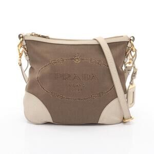 PRADA Logo Jacquard Shoulder Bag Canvas Leather Beige Tan Ivory White